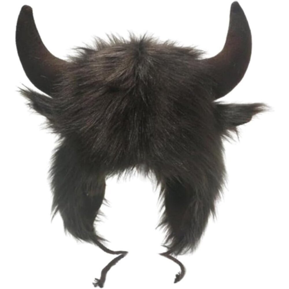 Men coffee Furry Buffalo Horn Winter Hat – Unisex Faux Fur Earflap Trooper Cap